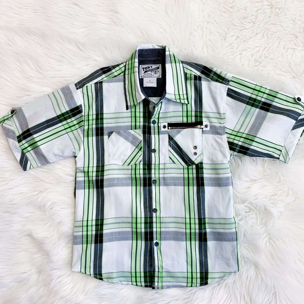 NWT Toby Clothing Boys Green Plaid Button Up Short Sleeve Shirt